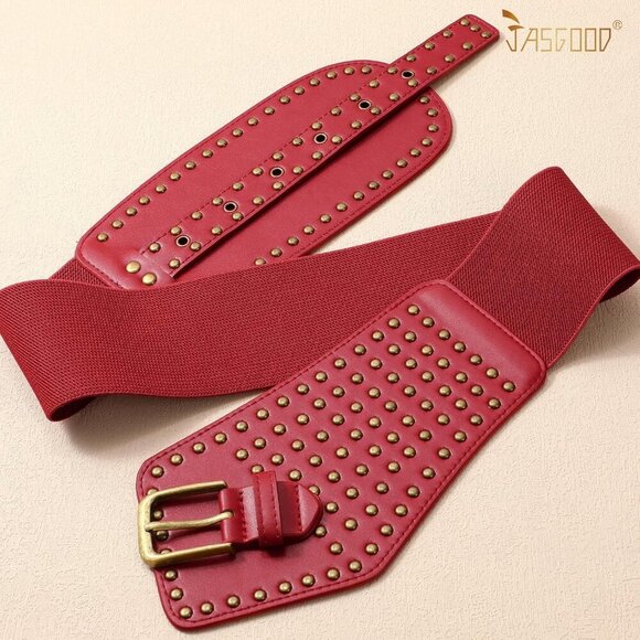 Women\'s Elastic Wide Belt Vintage Studded Stretchy Waist Belt Dress Pants Red
